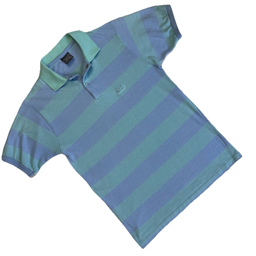 Vtg 70s Le Tigre Dacron Cotton Polo Shirt Made USA Men M Blue Stripe Logo Golf